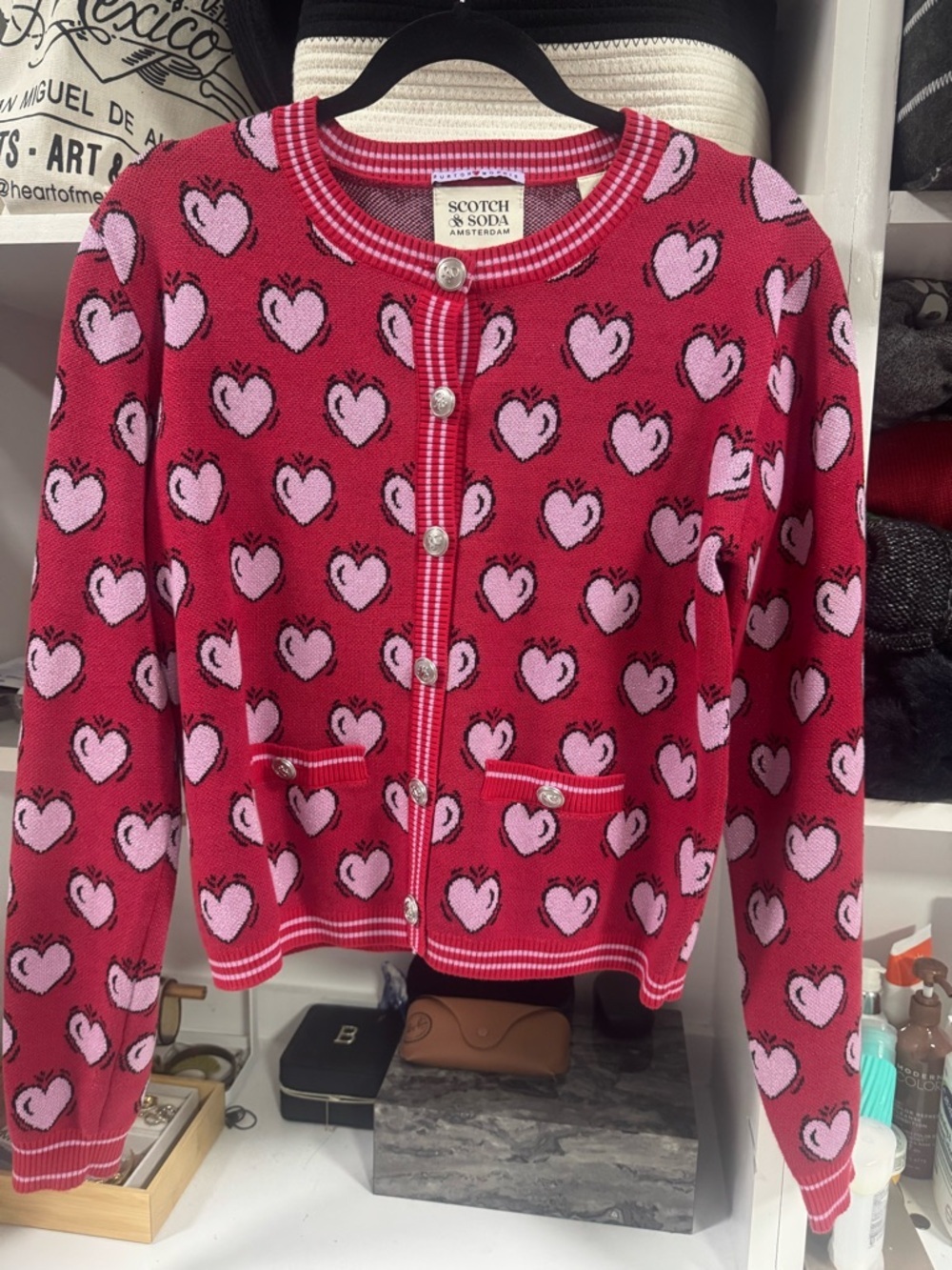 Scotch & Soda Heart Cardigan Red Pink Knit Sweater Size M Amsterdam Cute Preppy - Picture 3 of 6